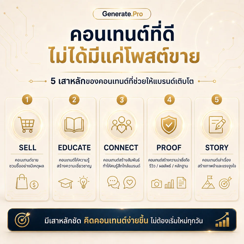 5 เสาหลักของคอนเทนต์ — Sell, Educate, Connect, Proof, Story